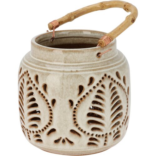 Latarnia porcelanowa z uchwytem bambusowym 14,5 x 14 cm, beżowy