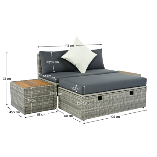Kerti rattan szett DEBRA, szürke/természetes/krém