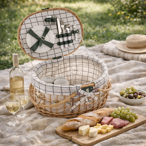 Coș de picnic din răchită pentru 2 persoane, 42 x34 x 25 cm, 2,75 kg