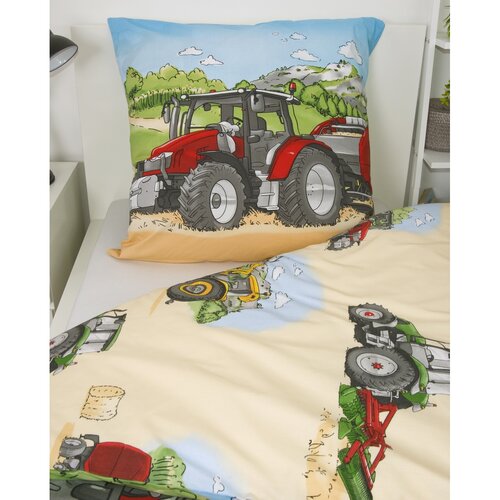 Lenjerie de pat din flanelă pentru copii Herding Tractor, 135 x 200 cm, 80 x 80 cm