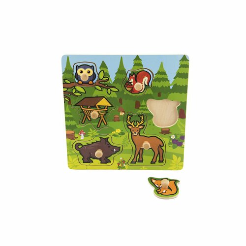 Joc de potrivire din lemn „Primele mele animale de pădure”, 6 piese, 22,5 x 22,5 x 2,5 cm, 12 luni+