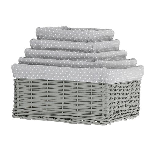 Weidenkörben-Set mit Stoff Grauer Punkt, 5 Stück, 5 Größen, 48 x 18 x 37 cm