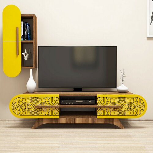 Defne Yellow and Walnut TV-asztal szekrénnyel