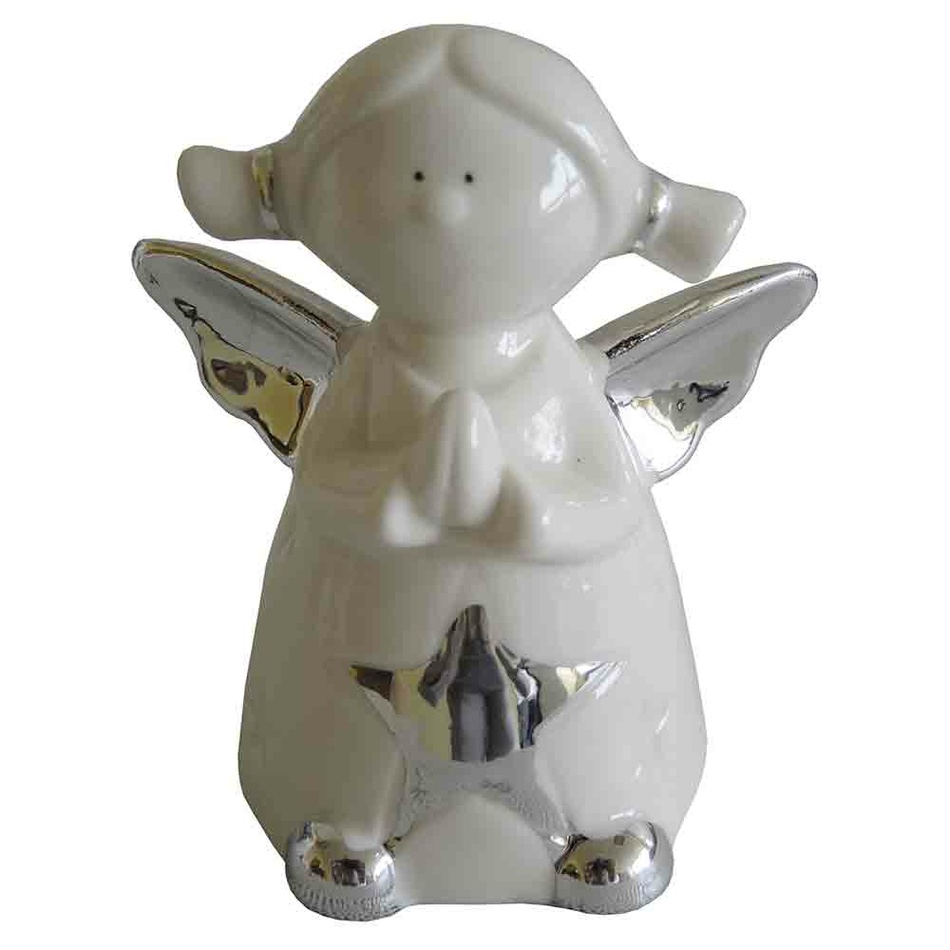 StarDeco Dekoratívny keramický anjelik biela, 9,5 cm