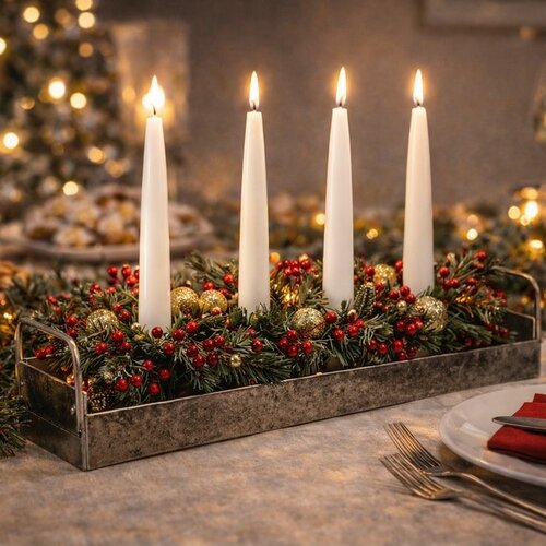 Sfeșnic metalic pentru 4 lumânări conice,dreptunghiular, argintiu