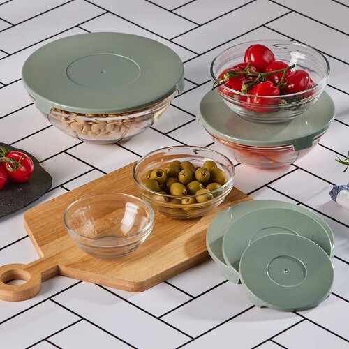 Altom Set of glass bowls with lids, green, 5 pcs