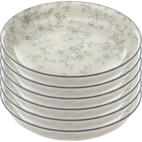 Set mit 6 tiefen Tellern Zarte Blüten 20 cm, grau