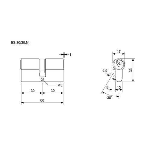 Циліндр Richter ES.30/30.NI 30+30 мм, 6 шт. ключів