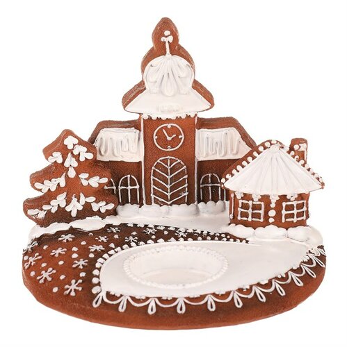 Gingerbread candle holder with church - polyresin,brown and white