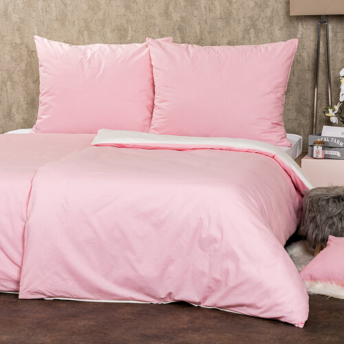 Lenjerie de pat din bumbac Doubleface fildeș / roz, 140 x 200 cm, 70 x 90 cm