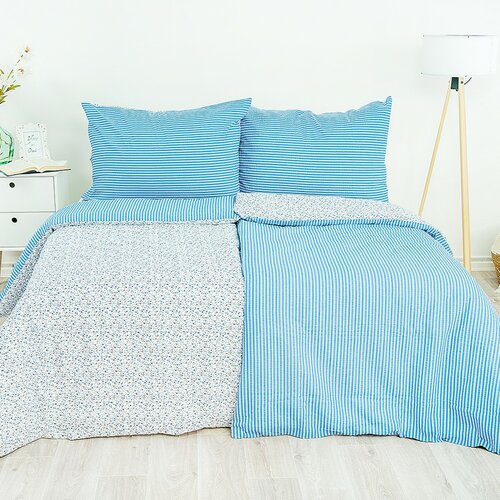 Stanex Krepp-Bettwäsche Blümchen-Streifen blau, 140 x 200 cm, 70 x 90 cm