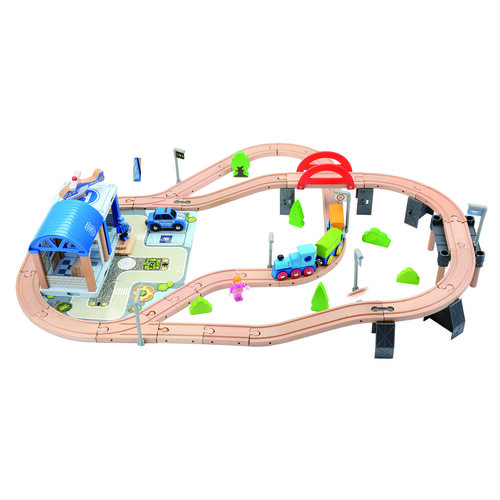 Bino Holzeisenbahn mit Brücke, 90 Teile