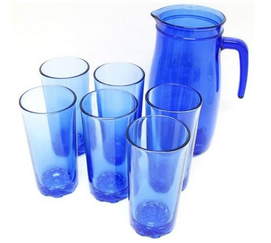 Set džbánu a šiestich pohárov v modrej farbe