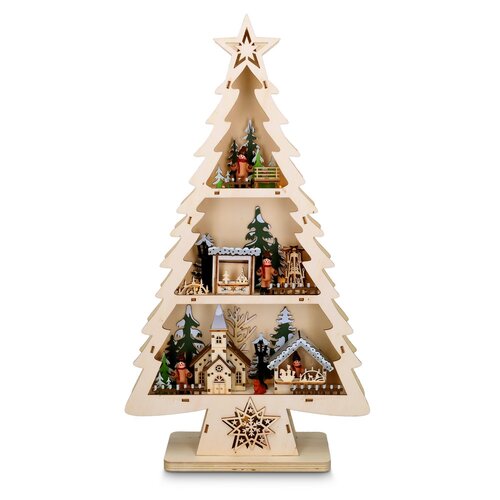 Solight LED dřevěný vánoční stromek s dekoracemi, 13x LED, 53 cm, 2x AA