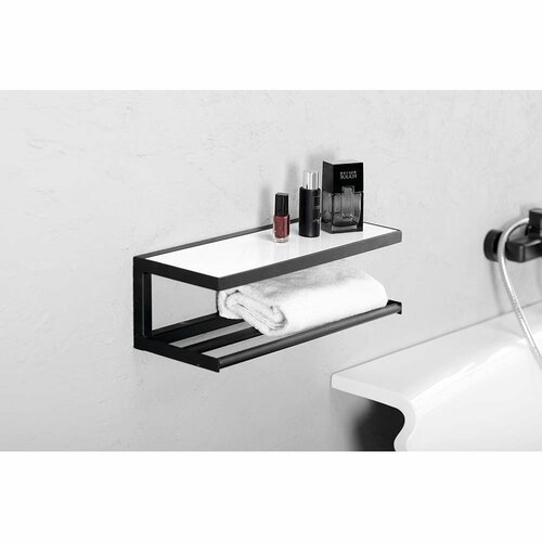 SAPHO Ska401 Ska Wandregal 45 x 14 x 16 cm, schwarz matt mit weißer MDF-Platte