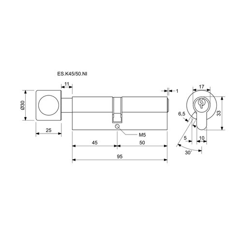 Cilindru cu buton Richter ES.K45/50.NI K45+50 mm,6 chei