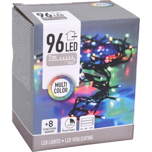 Łańcuch świąteczny zewnętrzny LED kolorowy, 96x LED, 7 m, 3x baterie AA, wyłącznik czasowy