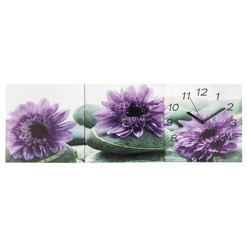 3dílný obraz s hodinami Chryzantémy, fialová