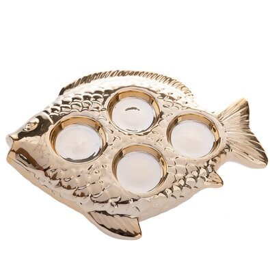 Świąteczny świecznik ceramiczny na świeczki tealight Ryba złoty, 20,5 x 2 x 16 cm