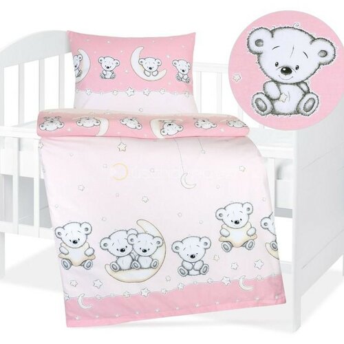 Bellatex Dziecięca pościel bawełniana do łóżeczka Agáta Miś różowy, 90 x 135 cm, 45 x 60 cm