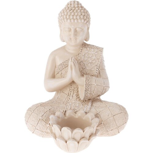 Gartendekoration Buddha für Teelichter, 14 x 19 x 13 cm, Cremefarben