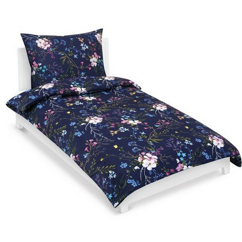 Bellatex Pościel bawełniana Kwiat jabłoni ciemnoniebieski, 140 x 200 cm, 70 x 90 cm