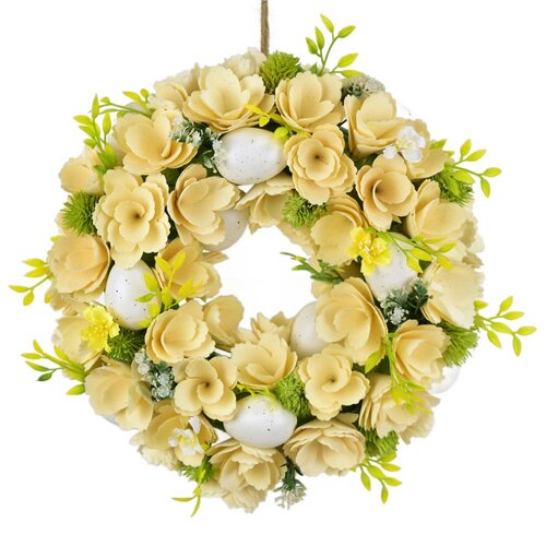 Wieniec wielkanocny z drewnianych kwiatów z jajkami, 30 cm, biały