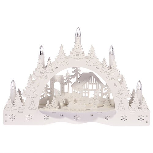 Vianočný LED svietnik Zimná krajina, chalúpka a snehuliak