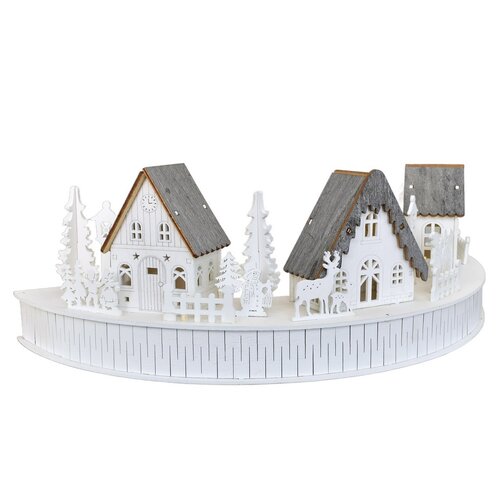 Drewniana dekoracja LED z wioską i domkami, 40 x14 x 20 cm, półokrągła