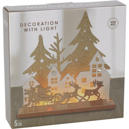 Vianočná stolná LED lampa Domčeky a Santa na saniach, MDF, 19,5 x 4,5 x 19,5 cm