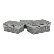 Set de coșuri de răchită cu capac Buline gri,3 buc., 3 dimensiuni, 49 x 22 x 35 cm
