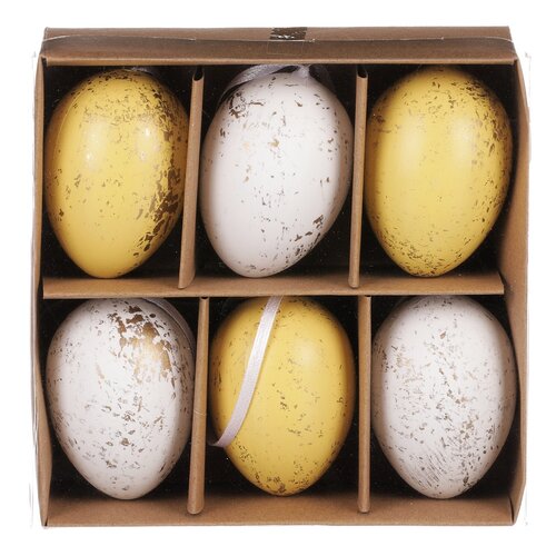 Mű húsvéti tojás szett arannyal díszített, sárga és fehér, 6 db