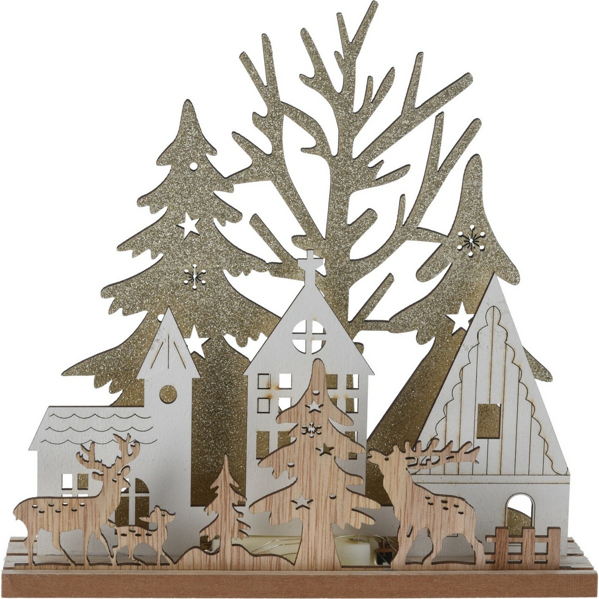 Vánoční stolní LED lampa Domky s jeleny, MDF, 19,5x4,5x19,5cm