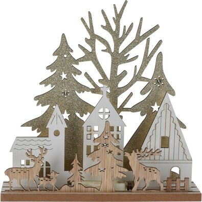 Božična namizna LED svetilka Hiše z jeleni, MDF,19,5 x 4,5 x 19,5 cm