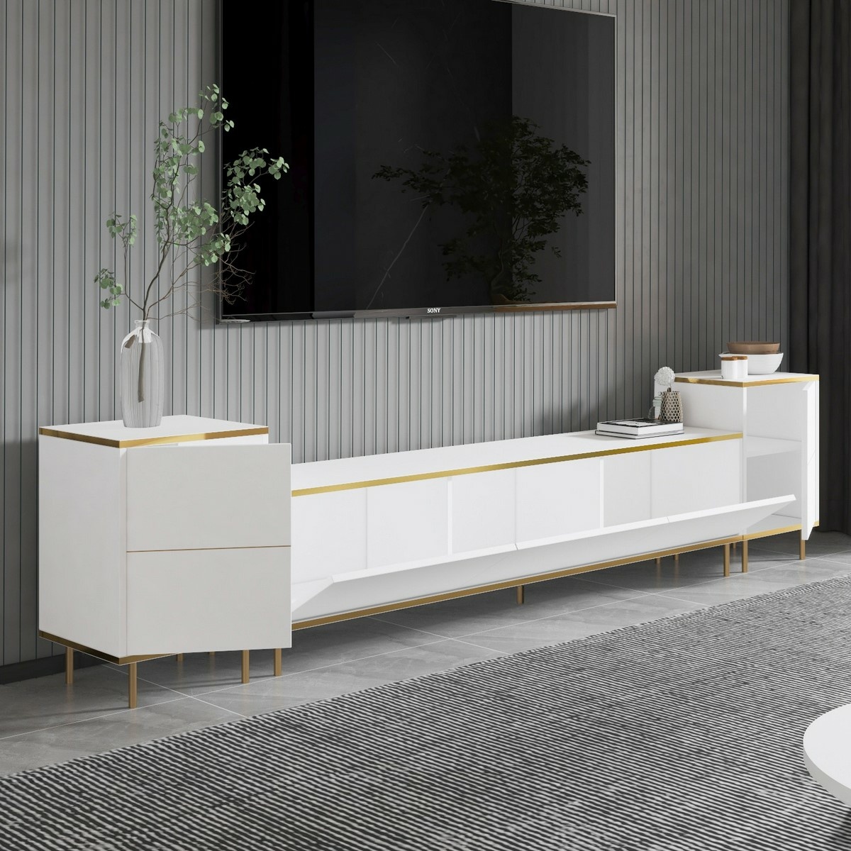 Televízny stolík so skrinkami Imej White and Gold