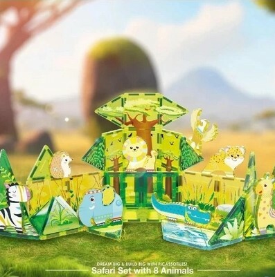 Set magnetic de construcție PicassoTiles Safari cu 8 animale