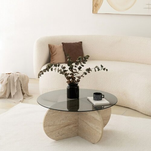 Couchtisch Bubble Travertine mit dunklem Glas