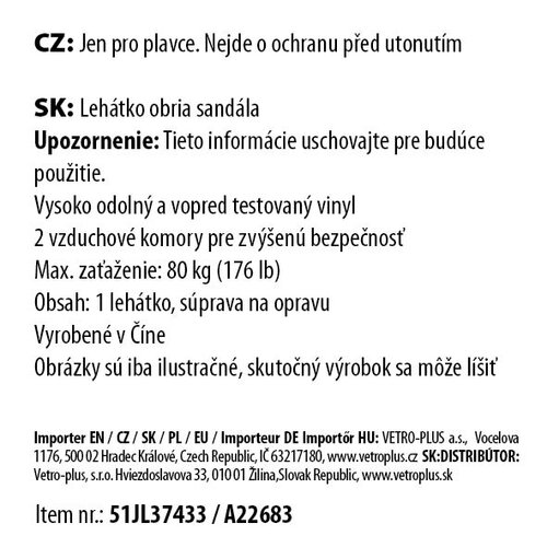 Vetro-Plus Nafukovací lehátko Pantofle, 165 x 70 cm