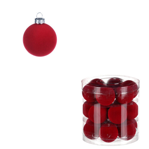 Vánoční plastové koule, sametové, červená barva. Cena za 1box/18ks.
