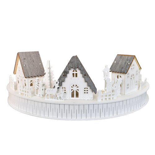 Drewniana dekoracja LED z wioską i domkami, 40 x14 x 20 cm, półokrągła