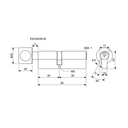 Cilindru Richter ES.K40/50.NI cu buton K40+50 mm, 6 chei