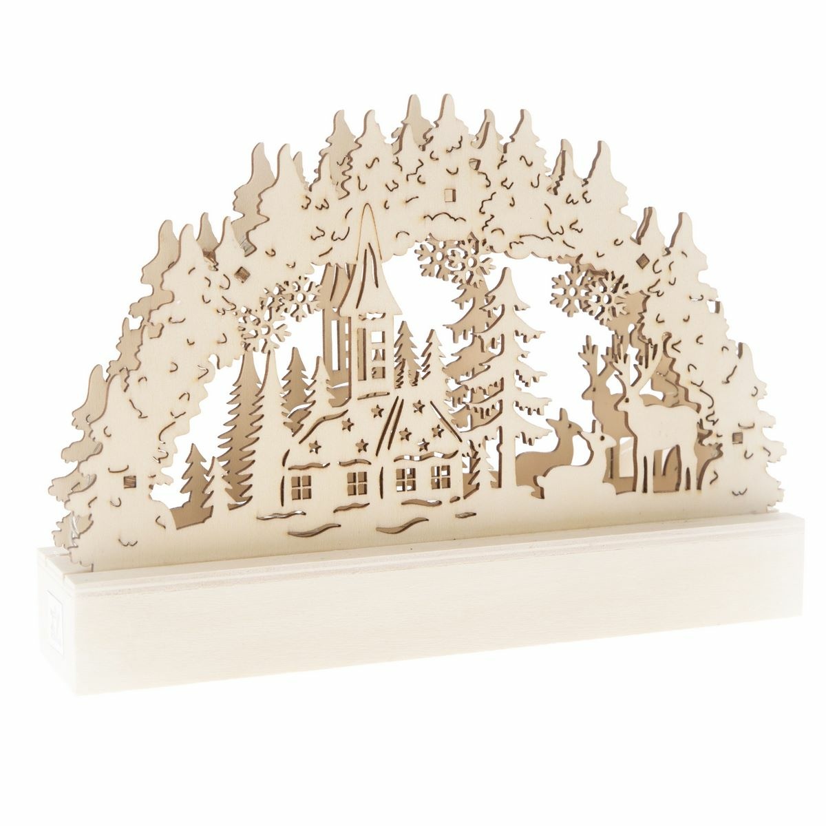 Szarvas és templom karácsonyi fa LED dekoráció, barna, 22 x 15 x 5 cm