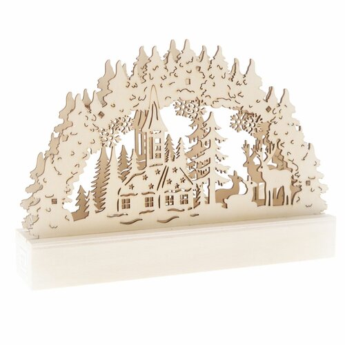 Szarvas és templom karácsonyi fa LED dekoráció, barna, 22 x 15 x 5 cm