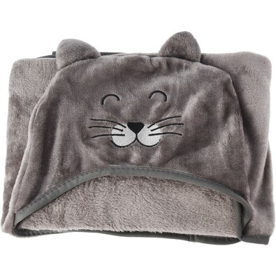 Dziecięcy koc polarowy z kapturem Kot szary, 70 x 100 cm
