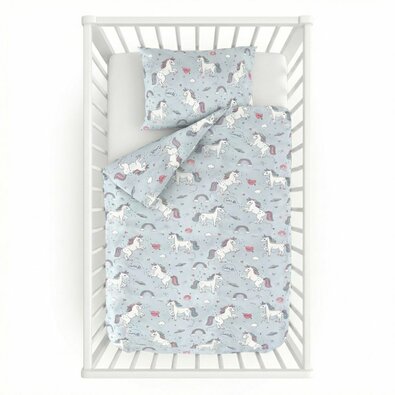 Lenjerie de pat, din bumbac, pentru copii Unicorn, gri, 90 x 135 cm, 45 x 60 cm