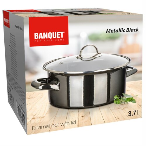 Banquet Hrniec smaltovaný METALLIC Black 22 cm, 3,75 l, s pokrievkou