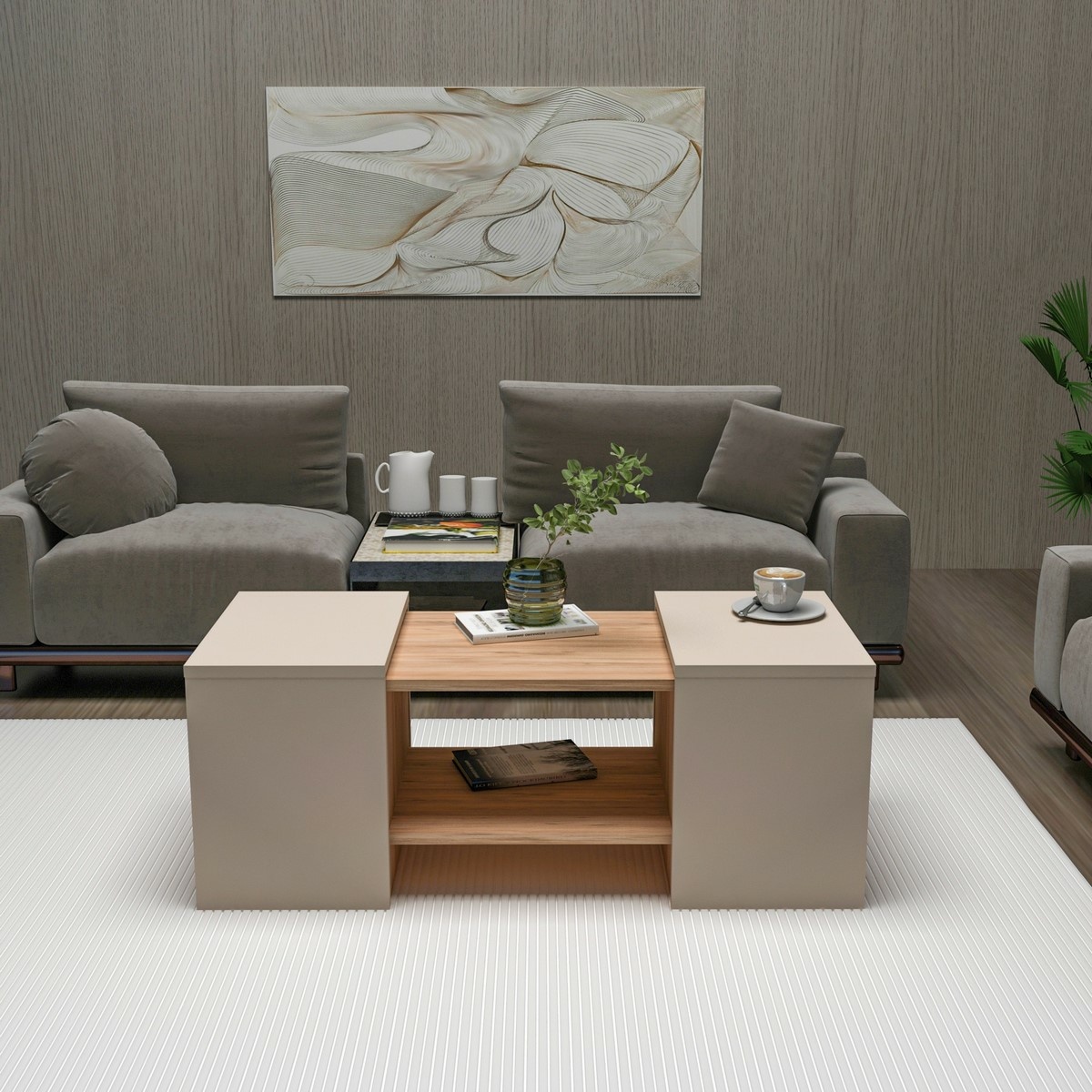 Súprava konferenčných stolíkov Sartos Beige and Atlantic Pine, 3 ks