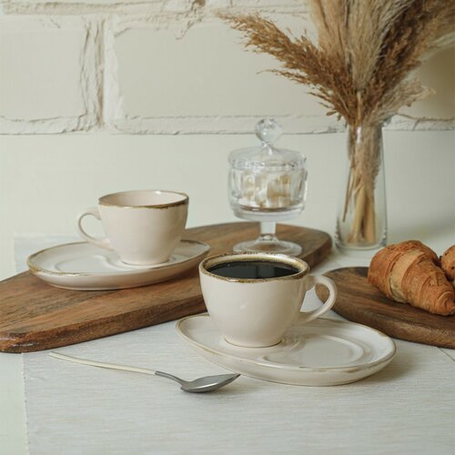 Súprava 2 keramických šálok s podšálkami Rustic Cream 215 ml