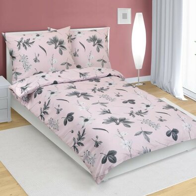 Bellatex Baumwollbettwäsche Wiese grau, rosa, 140 x 200 cm, 70 x 90 cm