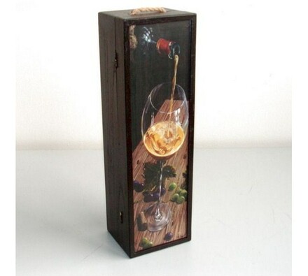 Dřevěný box na 1 láhev vína, motiv sklenice vína